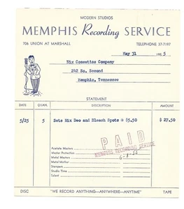 Original Elvis Ära 1955 Memphis Recording Service Quittung - Bild 1 von 2