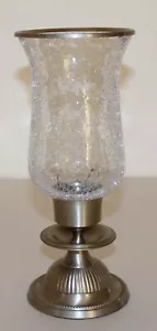 Vintage Crackle Glass Hurricane Candle Holder with Pewter Look Metal 11" Tall - Picture 1 of 17