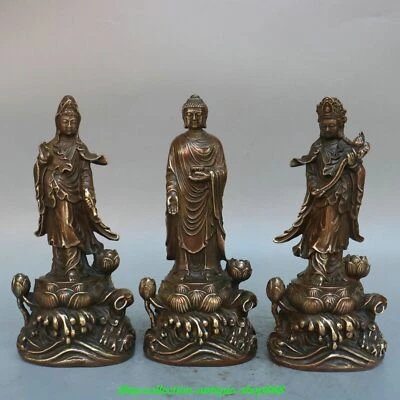 7.6" Old Tibet Buddhism Bronze Lotus Western Shakyamuni Kwan-yin God Statue Set - Image 1 of 4