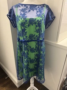 New Nanette Lepore Designer Lace Sheer Neon Green & Royal blue Midi dress Sz 12 - Picture 1 of 6