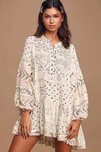 Free People Shibori Elfenbeindruck langärmelige geknöpfte Tunika Kleid Medium - Bild 1 von 16