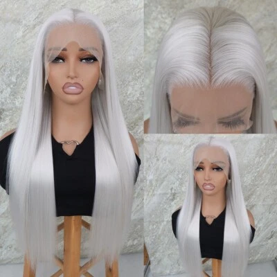 Pelucas delanteras de encaje sintético liso largo cabello gris plateado parte gratuita mujeres fiesta Foto 1 de 4