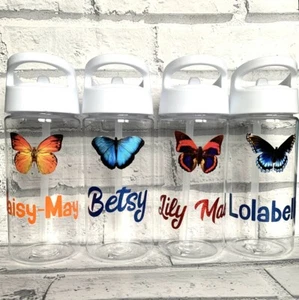 Personalised Butterfly Kids Water drink Bottle 450ml Flip spout straw BPA Free - Picture 1 of 6