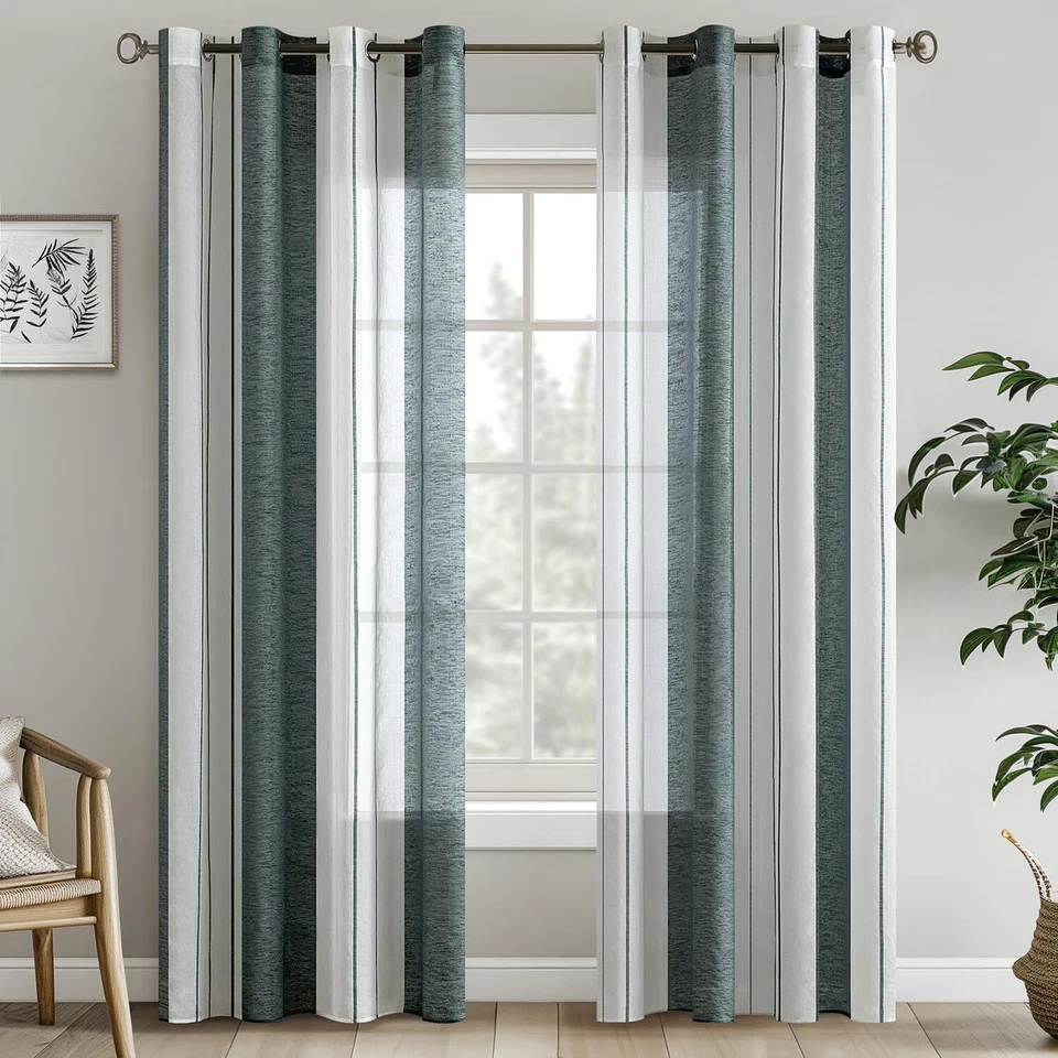 Rideaux rayés Transparent avec œillets Voile Rideaux Salon Moderne Set de 2 R... - Photo 1/4