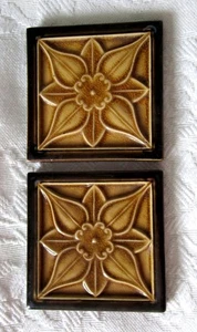 TWO 4 INCH GOLDEN BROWN FLORAL DECORATIVE TILES - Picture 1 of 4