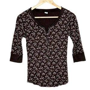 Gap Y2K Floral Henley Top Brown Womens XS Ribbed Pointelle Cottagecore Dainty - Picture 1 of 7