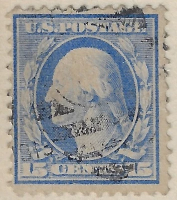 US 1910 Scott 382 Used, CV $20, SL wmk, p. 12, 15 c pale ultra. Light cxl(a7506x - Image 1 of 3