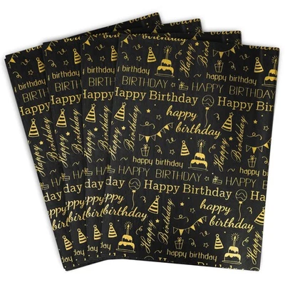 100 Sheets 20x14 Black Gold Birthday Tissue Paper, Happy Birthday, Gift Bags - Image 1 of 4