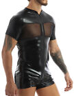 Mens One-piece Leather Short Sleeve Zipper Leotard Bodysuit Catsuit Clubwear