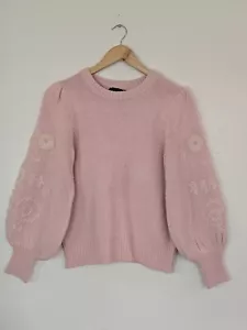 Cliché Pink Knit Sweater Womens Size XS Floral Embroidered Balloon Sleeve - Picture 1 of 9