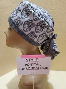 Anatomical Hearts (grey) Women's Ponytail Surgical Scrub Hat/Cap Handmade - Picture 1 of 9