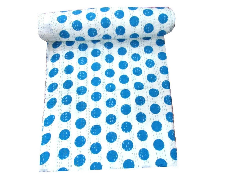 Indian King Kantha Quilt Cotton Bed Cover Throw HandMade Polka Dot Print Blanket - Image 1 of 1