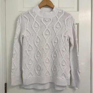Rachel Zoe Pullover Bommel Zopfmuster weiß Grobstrick Pulli Stehkragen Größe Small - Bild 1 von 13