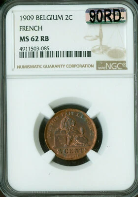 1909 BELGIUM FRENCH CENTS NGC MS62 RB 90RD MAC 90% RED RARE . - Image 1 of 2