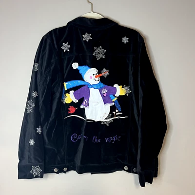 Quacker Factory Snowman Capture The Magic Black Velvet Xmas Jacket Womens XL - Image 1 of 4