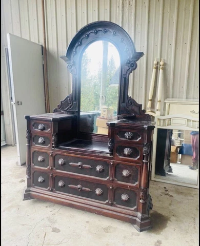 Antique 1800's Rosewood Large Dresser Vanity￼ Carved Ornate Burl ￼Candle Shelves Cover