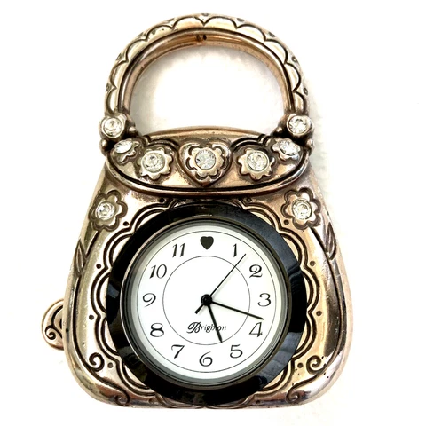 VTG Brighton Silver Tone Crystal Embellished Charm Purse Desk Clock Collectible Cover