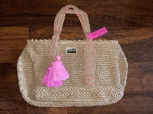 Lilly Pulitzer NATURAL NOSARA STRAW TOTE Pom Poms Pop Pink Color Embroidery NWT - Picture 1 of 6