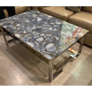 48" x 24" Grey Agate Coffee Table Top Natural Stones Handmade Work Decor - Picture 1 of 12
