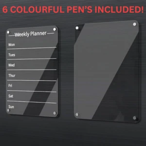 ACRYLIC MAGNETIC FRIDGE PLANNER WITH COLOURFUL PENS WEEKLY MEAL PLANNER BOARD UK - Picture 1 of 5
