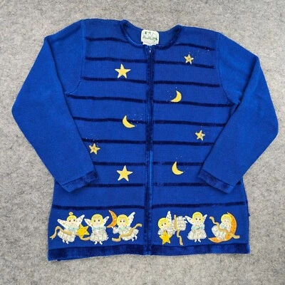 Quacker Factory Sweater Large Blue Cardigan Vintage Angels Night Sky Stars Moon - Image 1 of 4