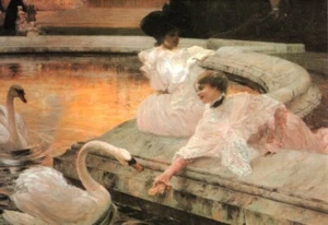 Lady Feeds Feeding White Swan Swans at Sunset Blank Note Cards - Set of 8 - Picture 1 of 1