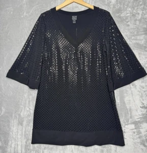 Clara Sun Woo Top Womens XL Black On Black Sequin V Neck 3/4 Bell Sleeve Knit - Picture 1 of 12
