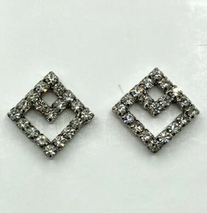 Vtg Clear Rhinestone Silver Tone Geometric Square Earrings Party Formal Bling - Picture 1 of 4