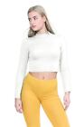 High Polo Neck Crop Top Ladies Plain Long Sleeve Casual Stretchy Short T-Shirt