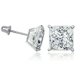 1 ct. Moissanite Princess Stud Screw Back Earrings- 14k White Gold - Sparkling - Picture 1 of 3
