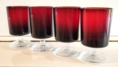 4 LUMINARC RUBY RED JUICE GOBLETS RED BOWL CLEAR DISK BASE 4.5 INCH HOLDS 4 OZS - Image 1 of 4