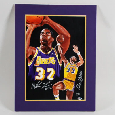 Magic Johnson & Kareem Abdul-Jabbar Signed Artwork Lakers - COA PSA/DNA - Image 1 of 4