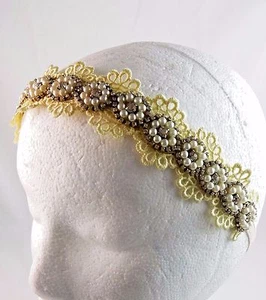Pearl Rhinestone Headband Elastic Back Bridal Dressy Ecru Lace Hair Accessory - Picture 1 of 8