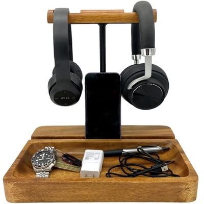 Dual Headphone Stand Acacia Wood Holder for 2 Headsets, Phone, Tablet, Desk O... - Image 1 of 4