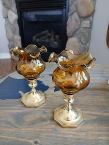 Pair Of Vintage Solid Brass Baldwin Candlesticks With Glass Votive Holders - Picture 1 of 12