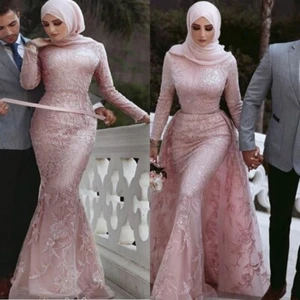 Muslim Mermaid Wedding Dresses High Neck with Detachable Train Lace Bridal Gowns - Picture 1 of 13