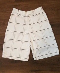 Boys BURNSIDE white Black BROWN PLAID SHORTS size 12 flat front SUMMER - Picture 1 of 3