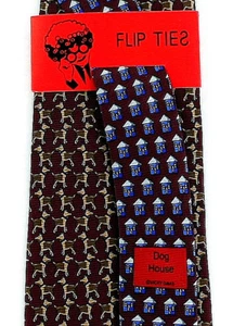 Vicky Davis Dog House Men's 100% Silk Necktie Dogs Animal Red Flip Neck Tie - Picture 1 of 3