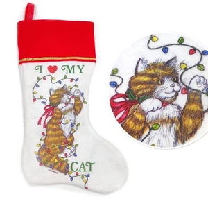 Vintage 90s Felt Kitten Christmas Stocking I Heart My Cat Xmas Wellington 8x18" - Picture 1 of 10