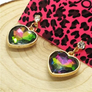 Betsey Johnson Rainbow Crystal Hearts Drop Dangle Gold Earrings Free Gift Bag - Picture 1 of 2