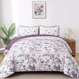Quilt Set King Size, Purple Floral Printed Bedspread,3 Pieces Botanical Coverlet - Picture 1 of 8
