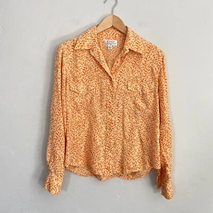 Ryan Michael Silk Floral Top Women Size Medium Orange Floral Pearl Snap - Picture 1 of 11