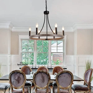 Vintage Wagon Wheel Chandelier Wood Pendant Light Dining Room Farmhouse Fixture - Picture 1 of 12