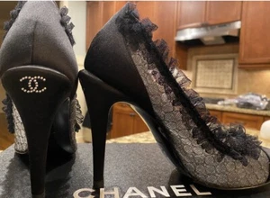Mint Chanel 2017 Crystal Logo Party 4" High Heel Shoes 37 6.5 Black Logo Box 6 7 - Picture 1 of 24