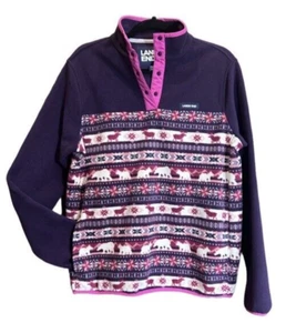 Lands End Nordic Fair Isle Fleecepullover 1/4 Druckknopf ~ Eisbär Elch ~ Gr. M Tall - Bild 1 von 7