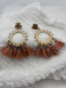 Gold Colored & Pearl StyleTassel Hoop Earrings With Stud Closure - Picture 1 of 6
