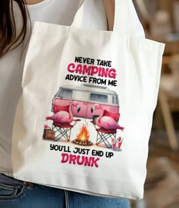 Flamingo Camping Advice Drunk Fun Tote Canvas Bag Gift Christmas Stocking Filler - Picture 1 of 2