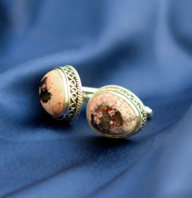 Gemelos naturales mexicanos de ópalo de fuego de plata de ley 925 hechos a mano joyería regalo Foto 1 de 4