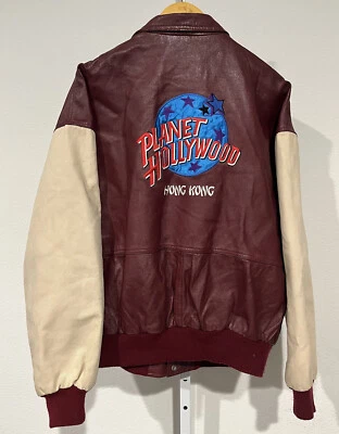 Planet Hollywood HONG KONG Bomber Chaqueta de Cuero Borgoña Tostado Bordado Cremallera L Foto 1 de 4