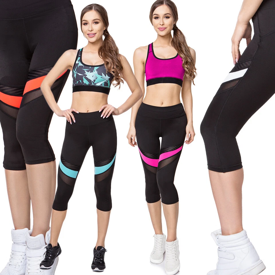 Leggings capri deportivos para mujer con panel de neón e inserciones aireadas NUEVO ropa deportiva G230 Foto 1 de 1